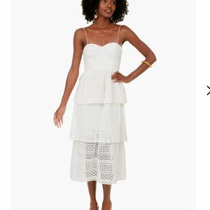 NWT Self-Portrait White Cotton Broderie Anglaise Midi Dress (Size 8)